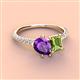 4 - Zahara 9x6 mm Pear Amethyst and 7x5 mm Emerald Cut Peridot 2 Stone Duo Ring 