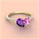 4 - Zahara 9x6 mm Pear Amethyst and 7x5 mm Emerald Cut Lab Created Pink Sapphire 2 Stone Duo Ring 