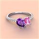 4 - Zahara 9x6 mm Pear Amethyst and 7x5 mm Emerald Cut Lab Created Pink Sapphire 2 Stone Duo Ring 