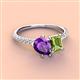 4 - Zahara 9x6 mm Pear Amethyst and 7x5 mm Emerald Cut Peridot 2 Stone Duo Ring 