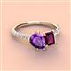 4 - Zahara 9x6 mm Pear Amethyst and 7x5 mm Emerald Cut Rhodolite Garnet 2 Stone Duo Ring 