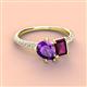 4 - Zahara 9x6 mm Pear Amethyst and 7x5 mm Emerald Cut Rhodolite Garnet 2 Stone Duo Ring 