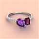 4 - Zahara 9x6 mm Pear Amethyst and 7x5 mm Emerald Cut Rhodolite Garnet 2 Stone Duo Ring 