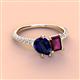 4 - Zahara 9x7 mm Pear Blue Sapphire and 7x5 mm Emerald Cut Rhodolite Garnet 2 Stone Duo Ring 