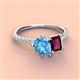 4 - Zahara 9x6 mm Pear Blue Topaz and 7x5 mm Emerald Cut Rhodolite Garnet 2 Stone Duo Ring 