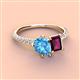 4 - Zahara 9x6 mm Pear Blue Topaz and 7x5 mm Emerald Cut Rhodolite Garnet 2 Stone Duo Ring 