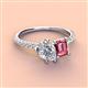 4 - Zahara 9x6 mm Pear Forever One Moissanite and 7x5 mm Emerald Cut Pink Tourmaline 2 Stone Duo Ring 