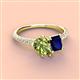 4 - Zahara 9x6 mm Pear Peridot and 7x5 mm Emerald Cut Lab Created Blue Sapphire 2 Stone Duo Ring 