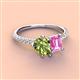 4 - Zahara 9x6 mm Pear Peridot and 7x5 mm Emerald Cut Lab Created Pink Sapphire 2 Stone Duo Ring 
