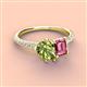 4 - Zahara 9x6 mm Pear Peridot and 7x5 mm Emerald Cut Pink Tourmaline 2 Stone Duo Ring 