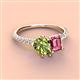 4 - Zahara 9x6 mm Pear Peridot and 7x5 mm Emerald Cut Pink Tourmaline 2 Stone Duo Ring 
