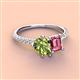 4 - Zahara 9x6 mm Pear Peridot and 7x5 mm Emerald Cut Pink Tourmaline 2 Stone Duo Ring 