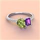 4 - Zahara 9x6 mm Pear Peridot and 7x5 mm Emerald Cut Amethyst 2 Stone Duo Ring 