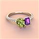 4 - Zahara 9x6 mm Pear Peridot and 7x5 mm Emerald Cut Amethyst 2 Stone Duo Ring 