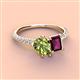 4 - Zahara 9x6 mm Pear Peridot and 7x5 mm Emerald Cut Rhodolite Garnet 2 Stone Duo Ring 
