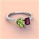 4 - Zahara 9x6 mm Pear Peridot and 7x5 mm Emerald Cut Rhodolite Garnet 2 Stone Duo Ring 