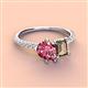 4 - Zahara 9x6 mm Pear Pink Tourmaline and 7x5 mm Emerald Cut Smoky Quartz 2 Stone Duo Ring 