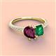 4 - Zahara 9x6 mm Pear Rhodolite Garnet and 7x5 mm Emerald Cut Lab Created Emerald 2 Stone Duo Ring 