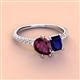 4 - Zahara 9x6 mm Pear Rhodolite Garnet and 7x5 mm Emerald Cut Lab Created Blue Sapphire 2 Stone Duo Ring 