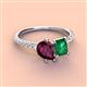 4 - Zahara 9x6 mm Pear Rhodolite Garnet and 7x5 mm Emerald Cut Lab Created Emerald 2 Stone Duo Ring 