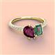 4 - Zahara 9x6 mm Pear Rhodolite Garnet and 7x5 mm Emerald Cut Lab Created Alexandrite 2 Stone Duo Ring 
