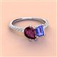 4 - Zahara 9x6 mm Pear Rhodolite Garnet and 7x5 mm Emerald Cut Tanzanite 2 Stone Duo Ring 