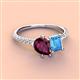 4 - Zahara 9x6 mm Pear Rhodolite Garnet and 7x5 mm Emerald Cut Blue Topaz 2 Stone Duo Ring 