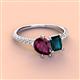 4 - Zahara 9x6 mm Pear Rhodolite Garnet and 7x5 mm Emerald Cut London Blue Topaz 2 Stone Duo Ring 