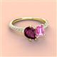 4 - Zahara 9x6 mm Pear Rhodolite Garnet and 7x5 mm Emerald Cut Lab Created Pink Sapphire 2 Stone Duo Ring 