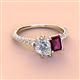 4 - Zahara IGI Certified 9x6 mm Pear Lab Grown Diamond and 7x5 mm Emerald Cut Rhodolite Garnet 2 Stone Duo Ring 