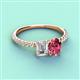 4 - Galina 7x5 mm Emerald Cut Forever Brilliant Moissanite and 8x6 mm Oval Pink Tourmaline 2 Stone Duo Ring 