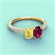 4 - Galina 7x5 mm Emerald Cut Yellow Sapphire and 8x6 mm Oval Rhodolite Garnet 2 Stone Duo Ring 
