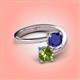 4 - Jianna 6.00 mm Cushion Lab Created Blue Sapphire and Round Peridot 2 Stone Promise Ring 