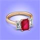 4 - Aletta 9x7 mm Emerald Cut Lab Created Ruby and Lab Grown Diamond Three Stone Engagement Ring 