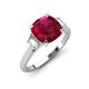3 - Triada 2.34 ctw Cushion Shape Created Ruby (7 mm) accented Trapezoid Shape Lab Grown Diamonds Engagement Ring 