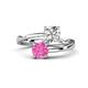 1 - Jianna 6.00 mm Cushion Forever Brilliant Moissanite and Round Lab Created Pink Sapphire 2 Stone Promise Ring 
