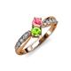1 - Nicia Pink Tourmaline and Peridot with Side Diamonds Bypass Ring 