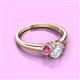 2 - Gemma 7x5 mm Oval Cut GIA Certified Natural Diamond and Pink Sapphire Trellis Three Stone Engagement Ring 
