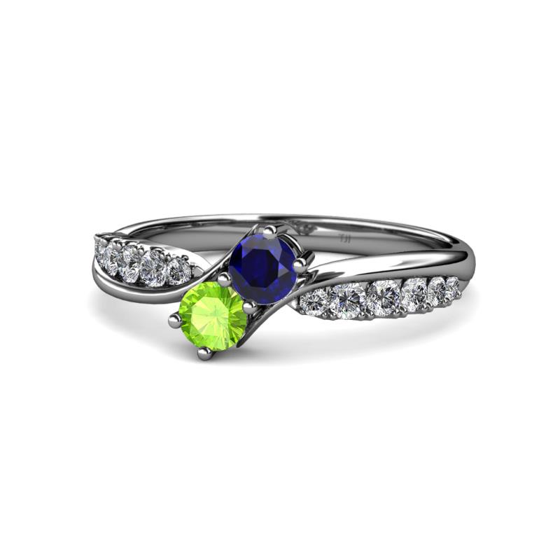 Blue Sapphire and Peridot 2 Stone with Side Diamonds Womens Bypass Engagement Ring 0.88 ctw 14K