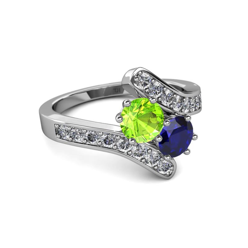 Peridot and Blue Sapphire 2 Stone with Side Diamonds Womens Bypass Engagement Ring 2.12 ctw 14K