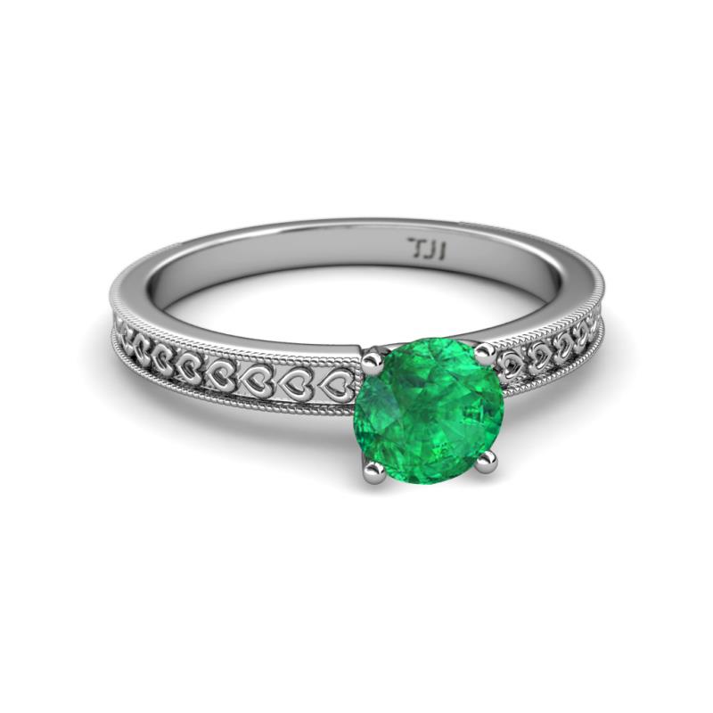 Emerald Heart Engraved Solitaire Engagement Ring with Milgrain Work 0. ...