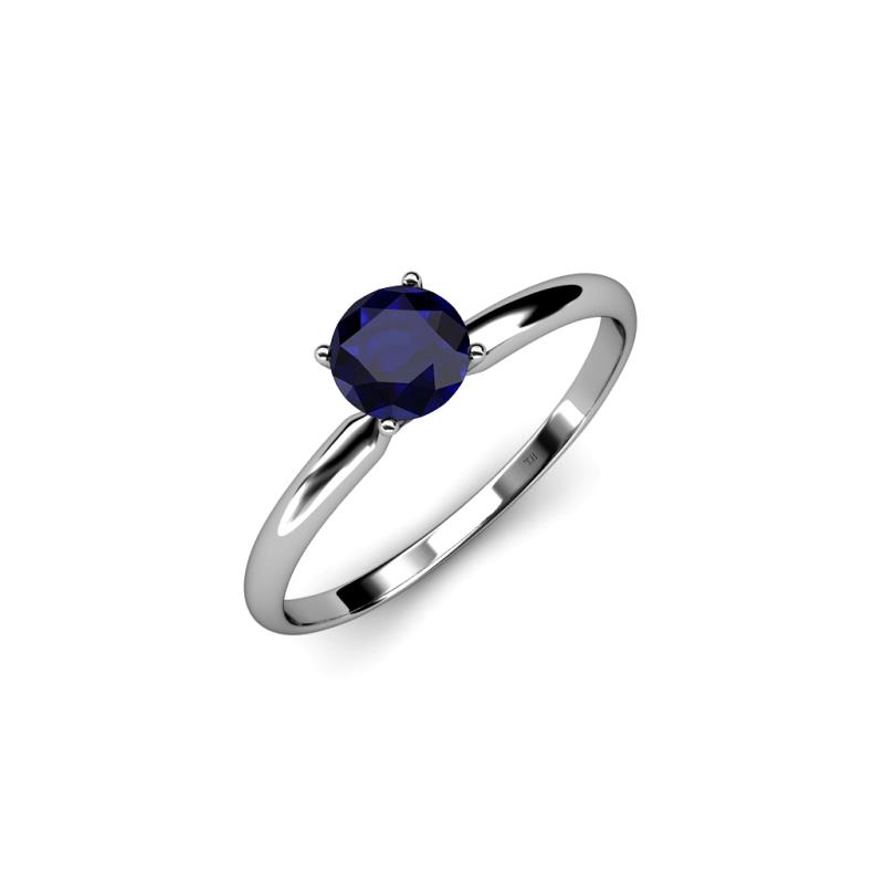 Round Blue Sapphire Women Solitaire Ring 14K White Gold. | TriJewels
