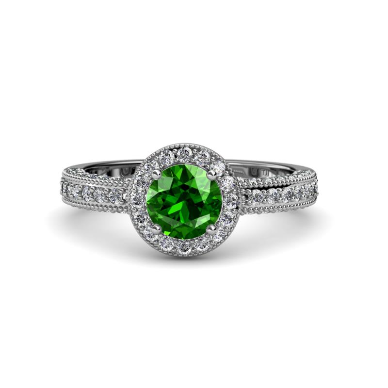 Green Garnet Diamond (SI2-I1, G-H) Halo Engagement Ring with Milgrain ...