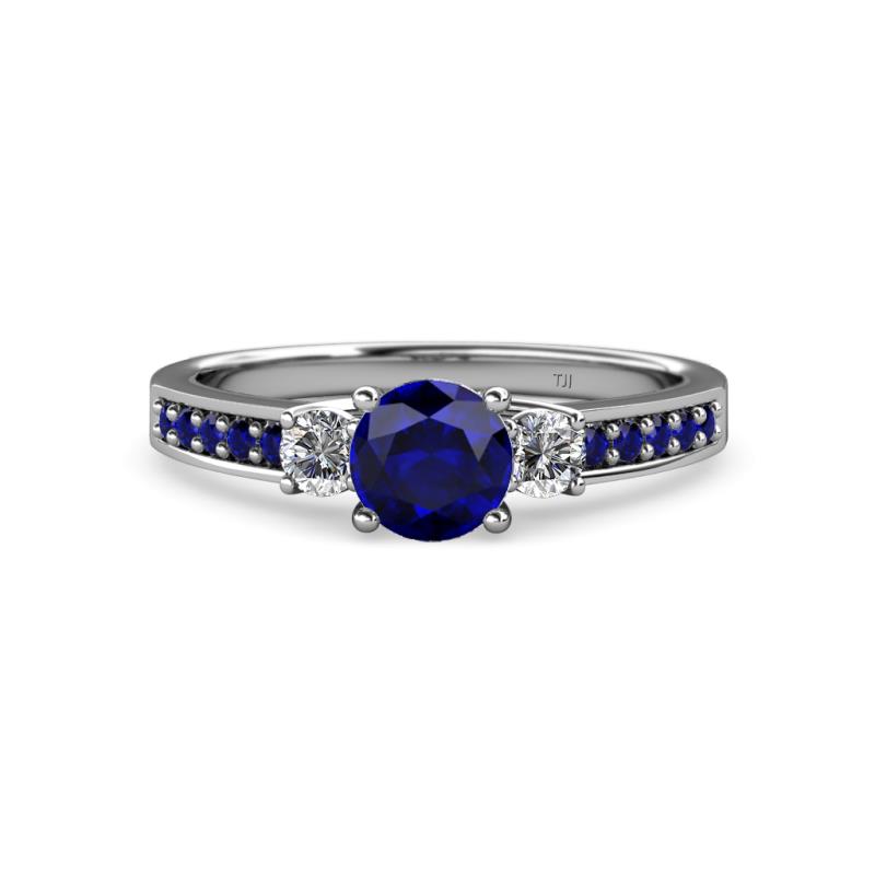 Dzeni 1.60 ctw Blue Sapphire and Side Natural Diamond with Accented Blue Sapphire Three Stone Engagement Ring  