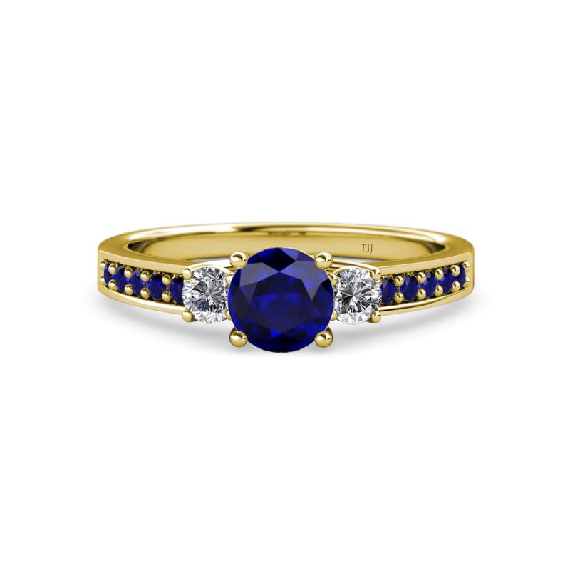 Dzeni 1.60 ctw Blue Sapphire and Side Natural Diamond with Accented Blue Sapphire Three Stone Engagement Ring  