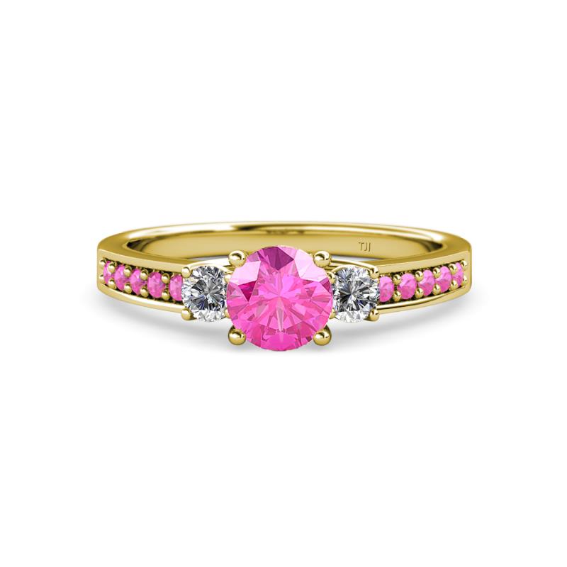 Dzeni 1.56 ctw Pink Sapphire and Side Natural Diamond with Accented Pink Sapphire Three Stone Engagement Ring  