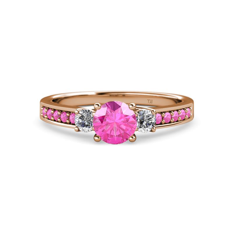 Dzeni 1.56 ctw Pink Sapphire and Side Natural Diamond with Accented Pink Sapphire Three Stone Engagement Ring  