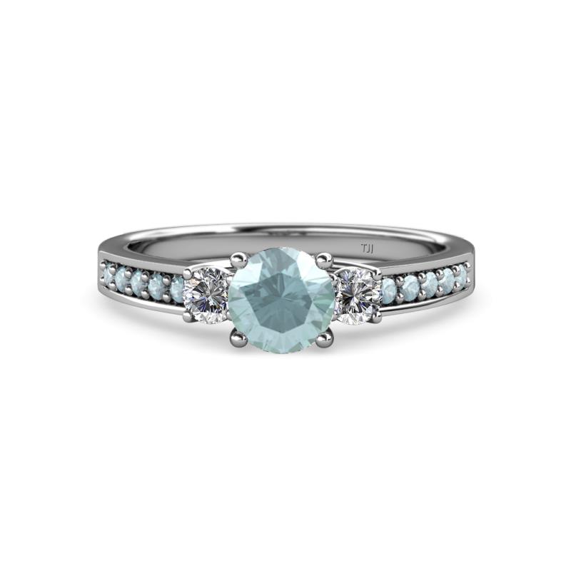 Dzeni 1.30 ctw Aquamarine and Side Natural Diamond with Accented Aquamarine Three Stone Engagement Ring  