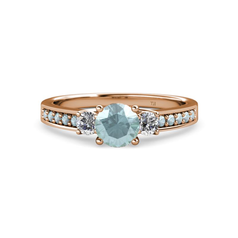 Dzeni 1.30 ctw Aquamarine and Side Natural Diamond with Accented Aquamarine Three Stone Engagement Ring  