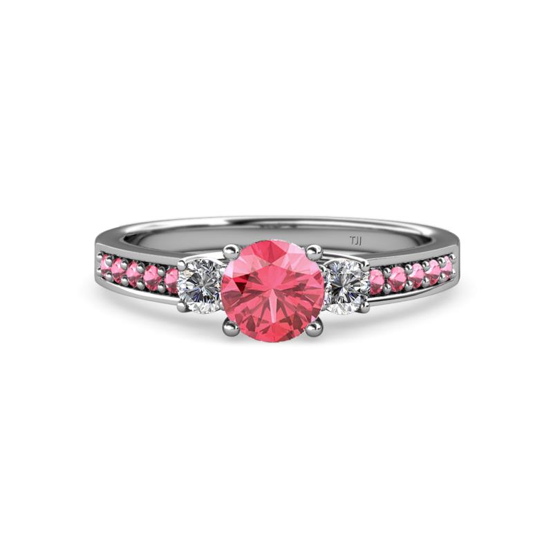 Dzeni 1.30 ctw Pink Tourmaline and Side Natural Diamond with Accented Pink Tourmaline Three Stone Engagement Ring  